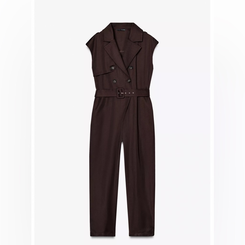 ZARA Brown Sleeveless Jumpsuit with belt - utility styling pockets - Large - Picture 2 of 11